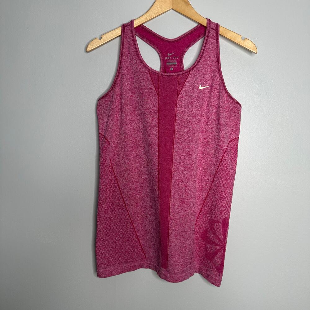 Nike Dri-FIT Racerback Tank Top Women Large Pink EUC‎ Heathered Pinwheel Logo